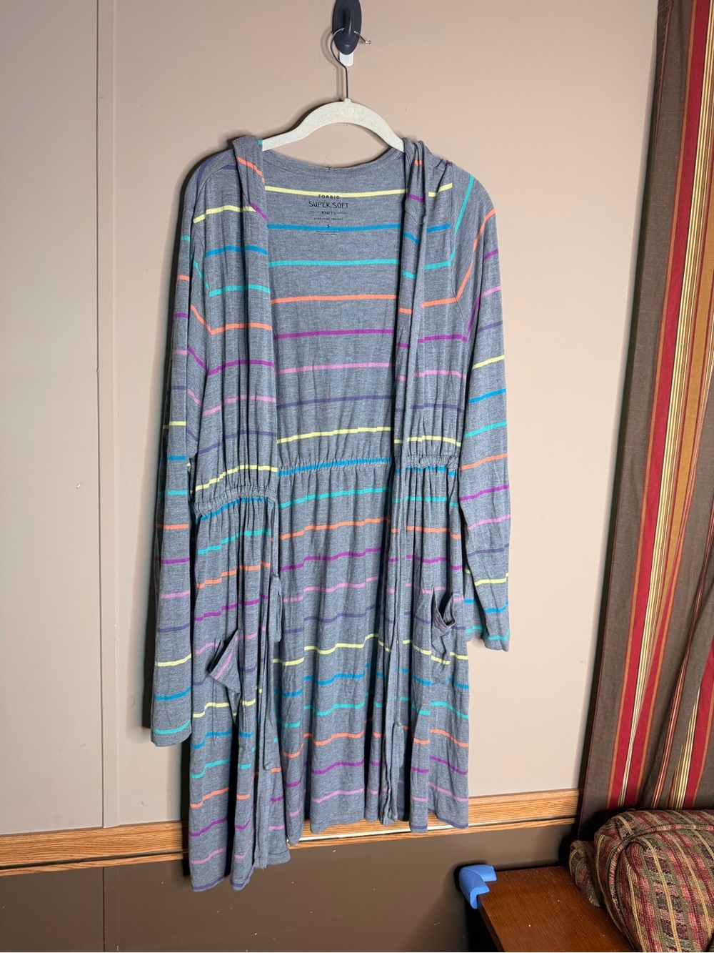 torrid Gray Hooded Cardigan with Multicolor Stripes